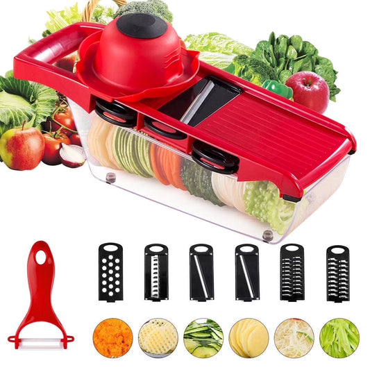Cooking Vegetable Cutter with 6 Blades Multifunctional Mandoline Onion Vegetable Chopper Time Saving Fruits Dicer Kitchen Food Slicer Mincer with Container for Salad Potato Cheese